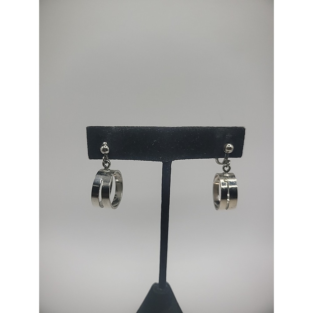 Vintage Earrings‎ Clip On Drop Dangle Silver Tone Round Hoops Jewelry Costume